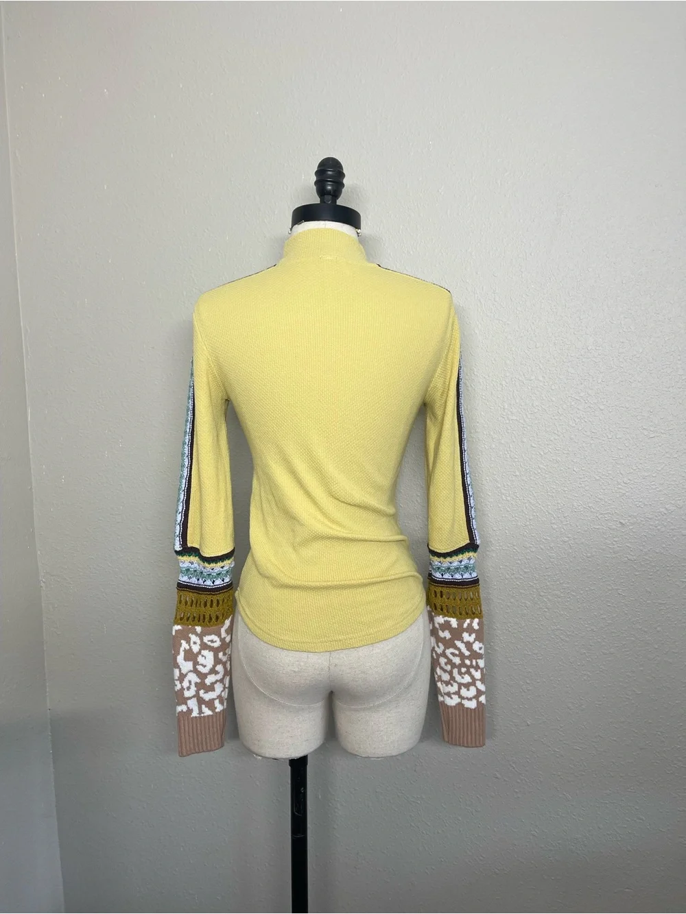 Free People Switch It Up Thermal Top Yellow Boho Crochet Leopard Sleeve S